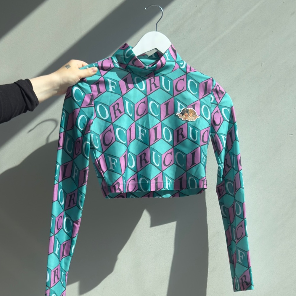 Fiorucci Teal and Pink Logo Crop Top